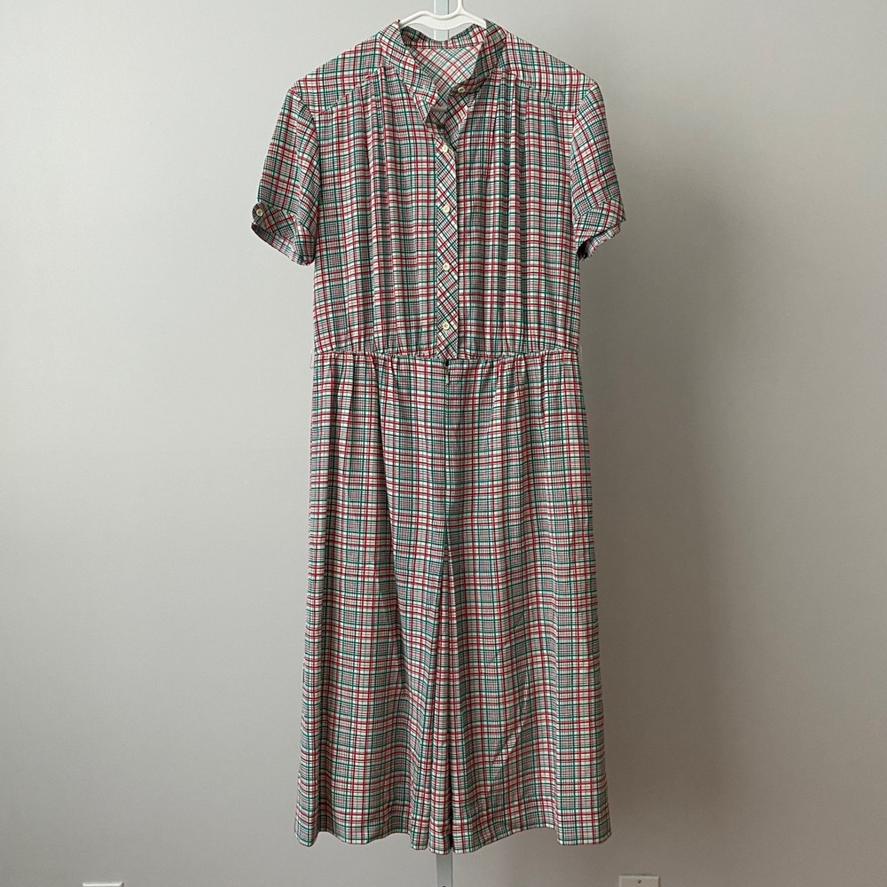 Vintage Plaid Academia Quirky Holiday Christmas Midi Shirt Dress Red Green White